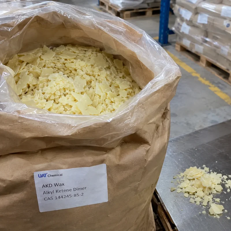 Open paper bag showing pale yellow AKD Wax Alkyl Ketene Dimer flakes CAS 144245-85-2 with a product label and flakes on a stainless steel table.