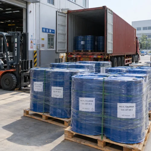 Allyl chloride CAS 107-05-1 in blue steel drums on pallets being loaded into a container truck