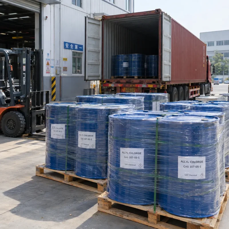 allyl-chloride-cas-107-05-1-drums-container-loading Allyl chloride CAS 107-05-1 in blue steel drums on pallets being loaded into a container truck
