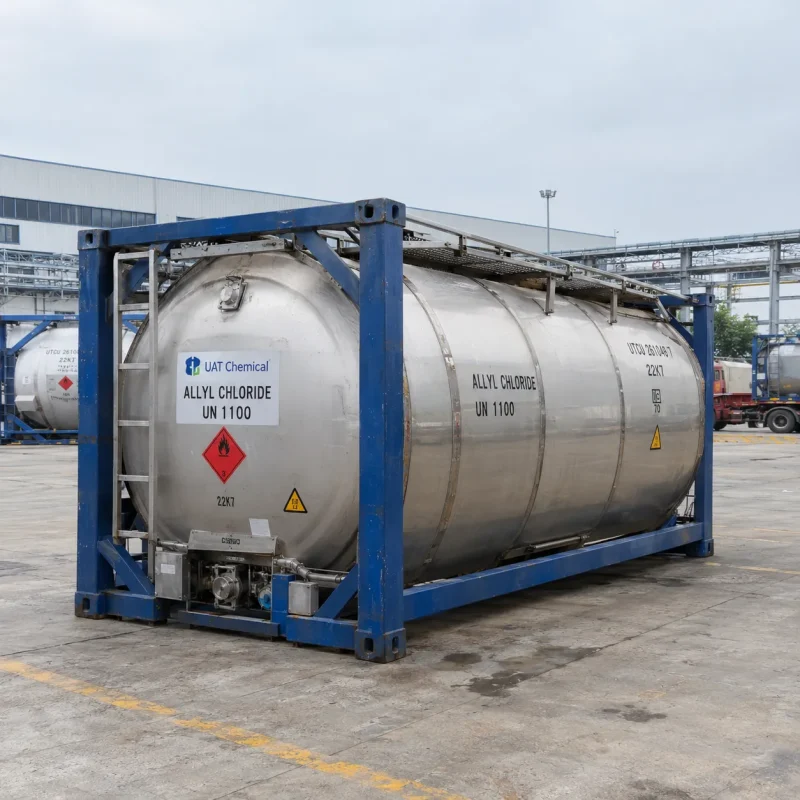 allyl-chloride-cas-107-05-1-iso-tank-container Allyl chloride CAS 107-05-1 UN 1100 in a stainless steel ISO tank container in yard