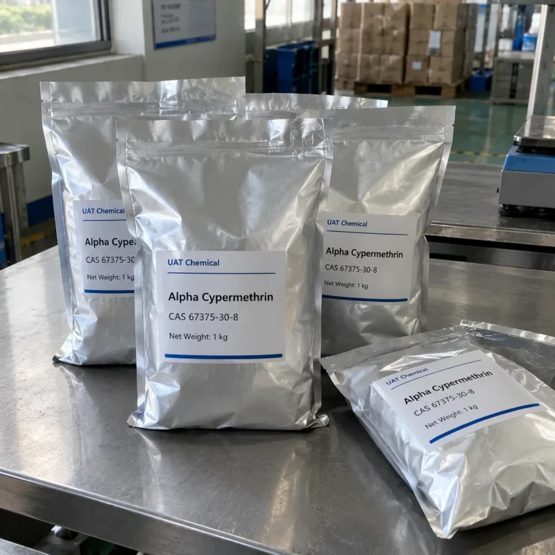 alpha-cypermethrin-cas-67375-30-8-aluminum-foil-bags-1kg Alpha cypermethrin (CAS No. 67375-30-8) sample packed in 1 kg aluminum foil bags on a stainless steel workbench.