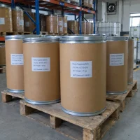 alpha-cypermethrin-cas-67375-30-8-fiber-drums-40kg Alpha cypermethrin (CAS No. 67375-30-8) packed in 40 kg fiber drums on wooden pallets in a chemical warehouse.