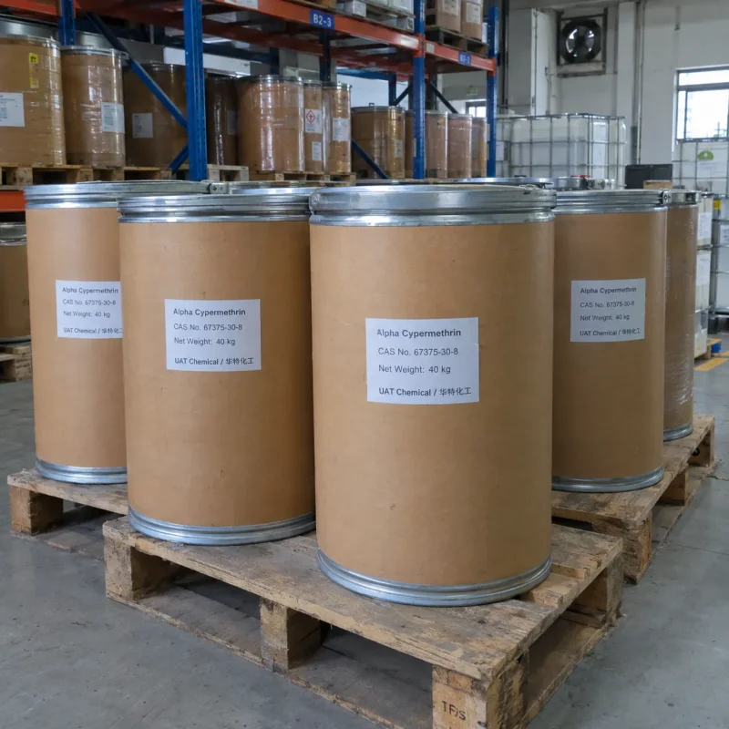 alpha-cypermethrin-cas-67375-30-8-fiber-drums-40kg Alpha cypermethrin (CAS No. 67375-30-8) packed in 40 kg fiber drums on wooden pallets in a chemical warehouse.