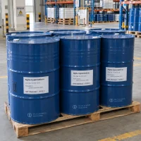 alpha-cypermethrin-cas-67375-30-8-steel-drums-pallet Alpha cypermethrin (CAS No. 67375-30-8) formulation stored in blue steel drums on a wooden pallet in a warehouse.