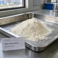 alpha-cypermethrin-cas-67375-30-8-white-powder-appearance White powder of alpha cypermethrin (CAS No. 67375-30-8) heaped on a stainless steel tray with a product label card.