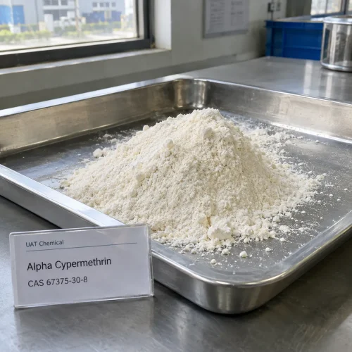 alpha-cypermethrin-cas-67375-30-8-white-powder-appearance White powder of alpha cypermethrin (CAS No. 67375-30-8) heaped on a stainless steel tray with a product label card.