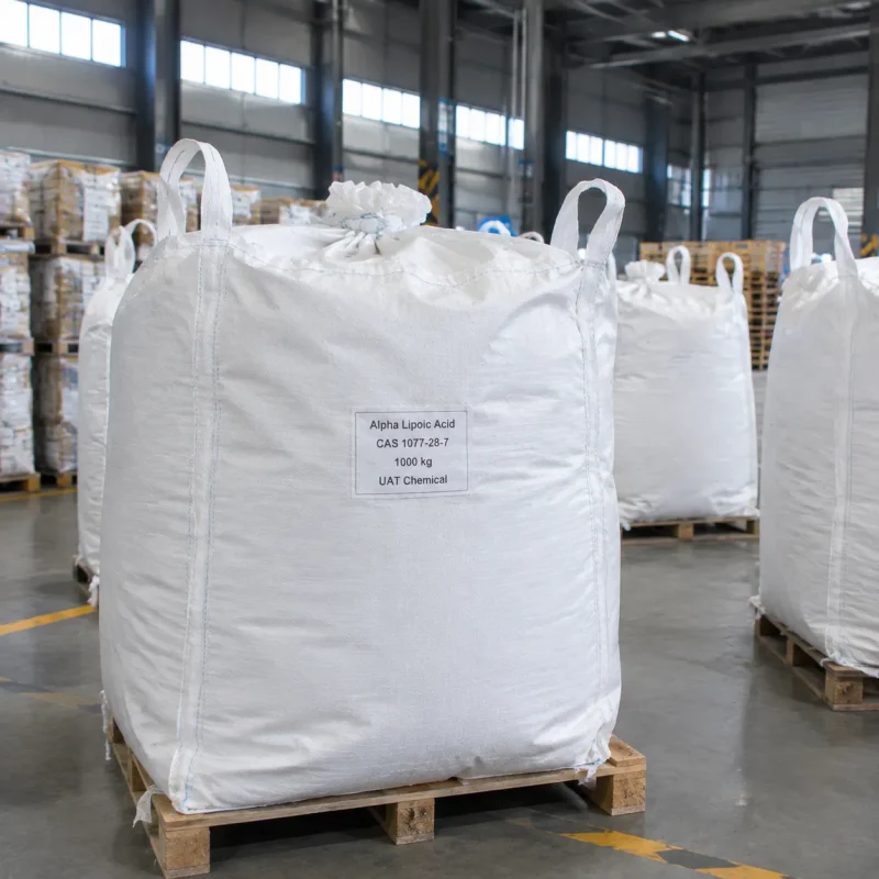 Large white FIBC bag labeled Alpha Lipoic Acid CAS 1077-28-7 with 1000kg net weight on pallet.