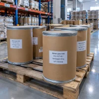 Multiple 25kg fiber drums of Alpha Lipoic Acid CAS 1077-28-7 on a wooden pallet in warehouse storage.