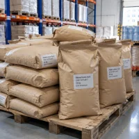 Stacked 25kg paper bags of Alpha Lipoic Acid CAS 1077-28-7 on a wooden pallet in warehouse.