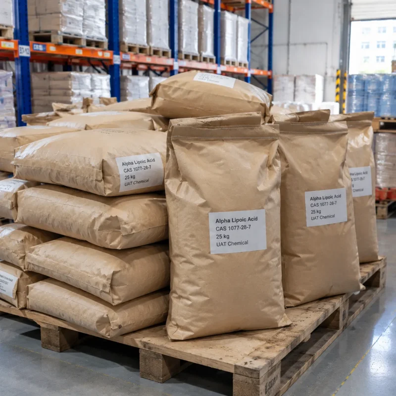 Stacked 25kg paper bags of Alpha Lipoic Acid CAS 1077-28-7 on a wooden pallet in warehouse.