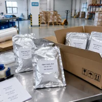 Silver foil sample bags of Alpha Lipoic Acid CAS 1077-28-7 packed in a cardboard box on a workbench.