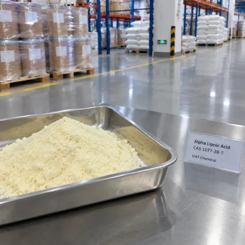Pale yellow powder of Alpha Lipoic Acid CAS 1077-28-7 in a stainless steel tray with product label.