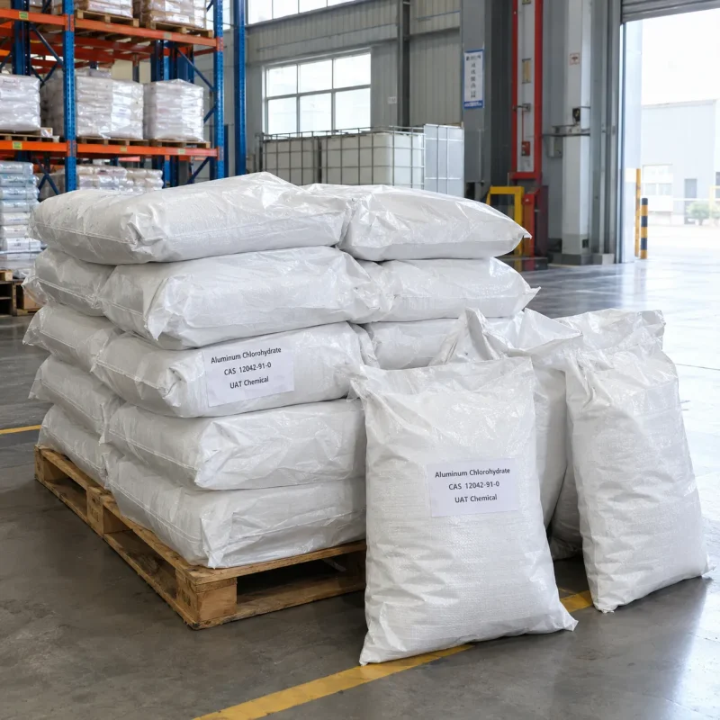 Stacked white woven bags of Aluminum Chlorohydrate CAS 12042-91-0 on a wooden pallet in a warehouse with IBC tanks in the background.