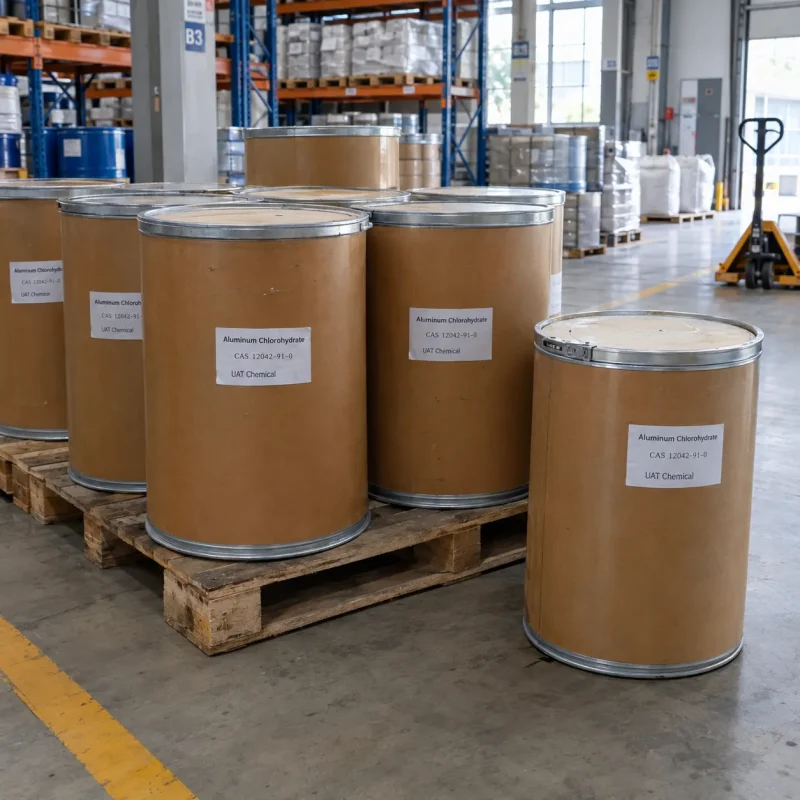 Several brown fiber drums of Aluminum Chlorohydrate CAS 12042-91-0 on a wooden pallet in a warehouse with a manual pallet jack nearby.