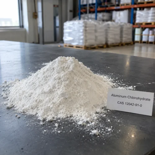 Pile of white Aluminum Chlorohydrate powder CAS 12042-91-0 on a dark table with a product label in a warehouse.