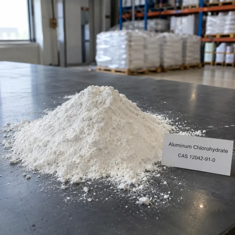 Pile of white Aluminum Chlorohydrate powder CAS 12042-91-0 on a dark table with a product label in a warehouse.