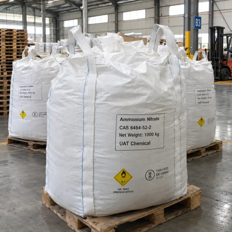 ammonium-nitrate-cas-6484-52-2-1000kg-fibc-bulk-bag-un-1942 White FIBC bulk bags of ammonium nitrate (CAS 6484-52-2), 1000 kg each, with UN 1942 Class 5.1 labels on wooden pallets