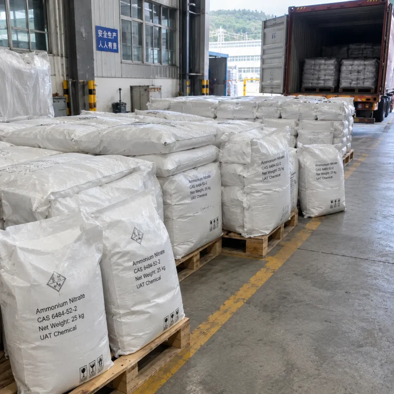 ammonium-nitrate-cas-6484-52-2-25kg-woven-bags-loading Stacked white woven bags of ammonium nitrate (CAS 6484-52-2), 25 kg each, on pallets beside a loading container
