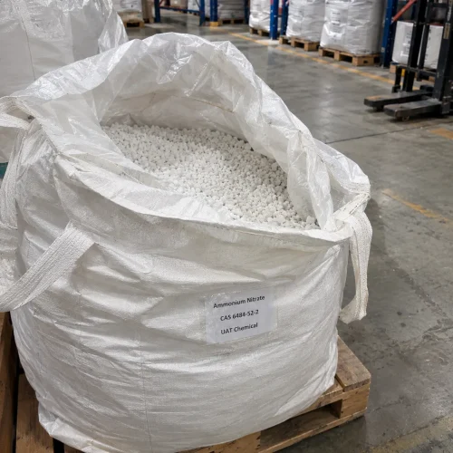 ammonium-nitrate-cas-6484-52-2-white-granules-open-fibc-bag Open white woven FIBC bag filled with white ammonium nitrate (CAS 6484-52-2) granules on a wooden pallet in a warehouse