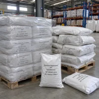 Shrink-wrapped stacks of 25kg white bags of Ammonium Polyphosphate APP CAS 68333-79-9 on wooden pallets in a warehouse.