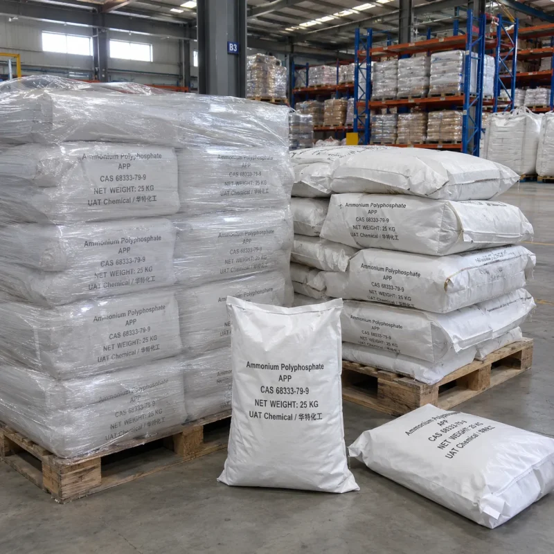 Shrink-wrapped stacks of 25kg white bags of Ammonium Polyphosphate APP CAS 68333-79-9 on wooden pallets in a warehouse.