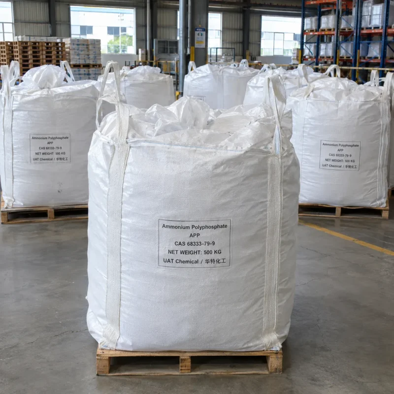 White FIBC bulk bags labeled Ammonium Polyphosphate APP CAS 68333-79-9 with 500 kg net weight on wooden pallets in a warehouse.