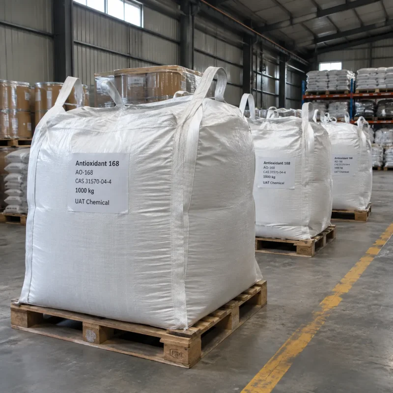 antioxidant-168-ao-168-cas-31570-04-4-1000kg-jumbo-bags-pallets Antioxidant 168 AO-168 CAS 31570-04-4 in 1000 kg jumbo bags (FIBC bulk bags) on wooden pallets in UAT Chemical warehouse.