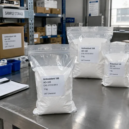 Antioxidant 168 AO-168 CAS 31570-04-4 in 1 kg and 5 kg sealed sample bags on a table in UAT Chemical sample storage area.