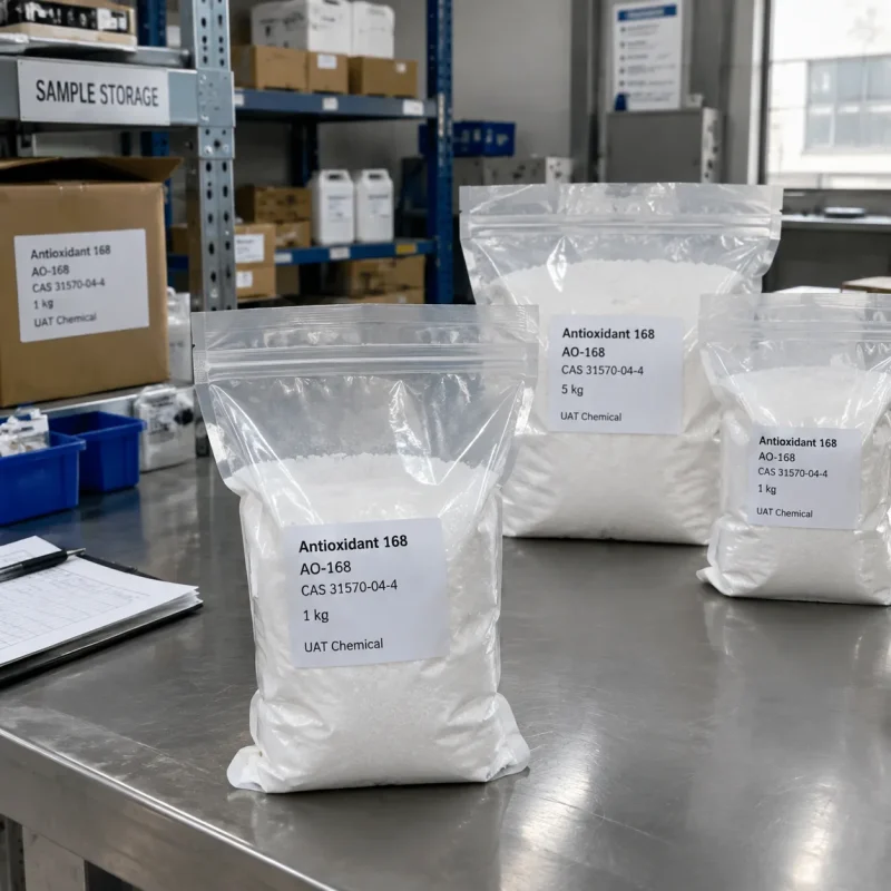 antioxidant-168-ao-168-cas-31570-04-4-1kg-5kg-sample-bags Antioxidant 168 AO-168 CAS 31570-04-4 in 1 kg and 5 kg sealed sample bags on a table in UAT Chemical sample storage area.