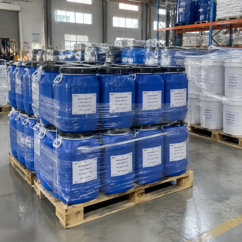 Antioxidant SP CAS 61788-44-1 in 25 kg blue plastic drums stacked and stretch-wrapped on pallet