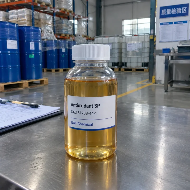 Antioxidant SP CAS 61788-44-1 amber transparent liquid in glass sample bottle at QC area