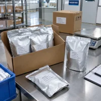 artemisinin-1kg-foil-bags-carton-shipping Artemisinin (CAS 63968-64-9) in 1 kg aluminum foil bags packed in a carton at a shipping area with scale