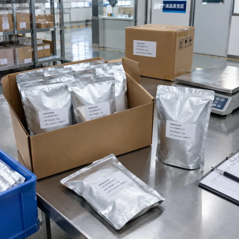 artemisinin-1kg-foil-bags-carton-shipping Artemisinin (CAS 63968-64-9) in 1 kg aluminum foil bags packed in a carton at a shipping area with scale