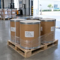 artemisinin-25kg-drums-wrapped-pallet-shipping Artemisinin (CAS 63968-64-9) in 25 kg fiber drums stretch-wrapped and strapped on a pallet, ready for shipment