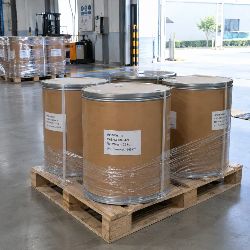 artemisinin-25kg-drums-wrapped-pallet-shipping Artemisinin (CAS 63968-64-9) in 25 kg fiber drums stretch-wrapped and strapped on a pallet, ready for shipment