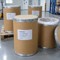 azilsartan-25kg-fiber-drums-open-drum Azilsartan (CAS 147403-03-0) packed in 25 kg fiber drums, one open drum with plastic liner, in a clean warehouse