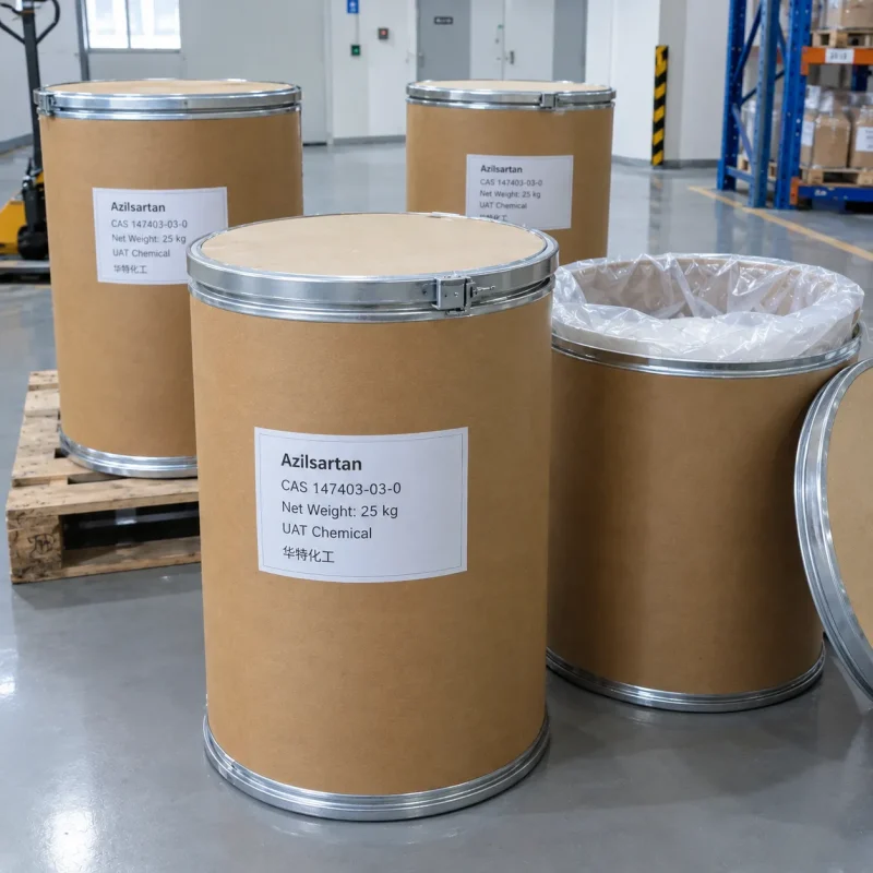 azilsartan-25kg-fiber-drums-open-drum Azilsartan (CAS 147403-03-0) packed in 25 kg fiber drums, one open drum with plastic liner, in a clean warehouse