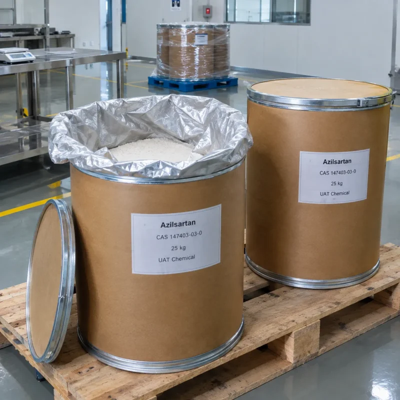azilsartan-powder-open-drum-foil-liner Azilsartan (CAS 147403-03-0) white powder in an open 25 kg fiber drum with foil liner, lid leaning beside it