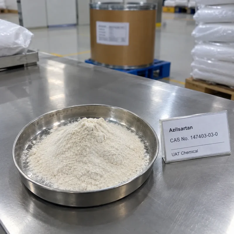 azilsartan-powder-stainless-dish-display Azilsartan (CAS 147403-03-0) white powder pile in a stainless steel dish with a UAT Chemical sign card beside it