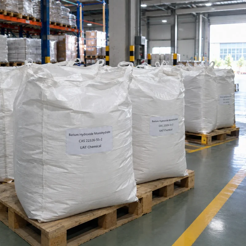 barium-hydroxide-monohydrate-cas-22326-55-2-fibc-bags-racks Barium hydroxide monohydrate CAS 22326-55-2 in white FIBC bulk bags on pallets beside warehouse racks