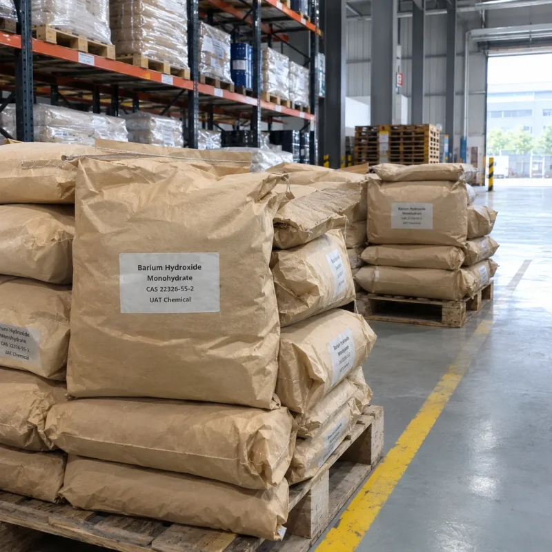 barium-hydroxide-monohydrate-cas-22326-55-2-kraft-paper-bags Barium hydroxide monohydrate CAS 22326-55-2 in kraft paper bags stacked on wooden pallets in warehouse