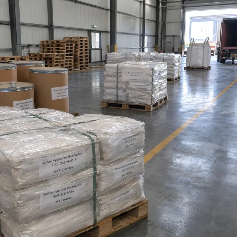 barium-hydroxide-monohydrate-cas-22326-55-2-mixed-packages Barium hydroxide monohydrate CAS 22326-55-2 in fiber drums, shrink-wrapped bag pallets and ton bag in warehouse