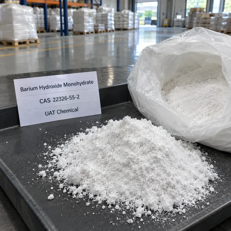 barium-hydroxide-monohydrate-cas-22326-55-2-powder-sample Barium hydroxide monohydrate CAS 22326-55-2 white powder sample on tray with product label card
