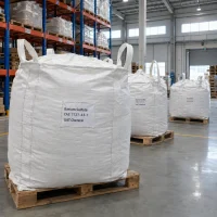 White FIBC bulk bags of barium sulfate (CAS 7727-43-7) with lifting loops on wooden pallets in the UAT Chemical warehouse