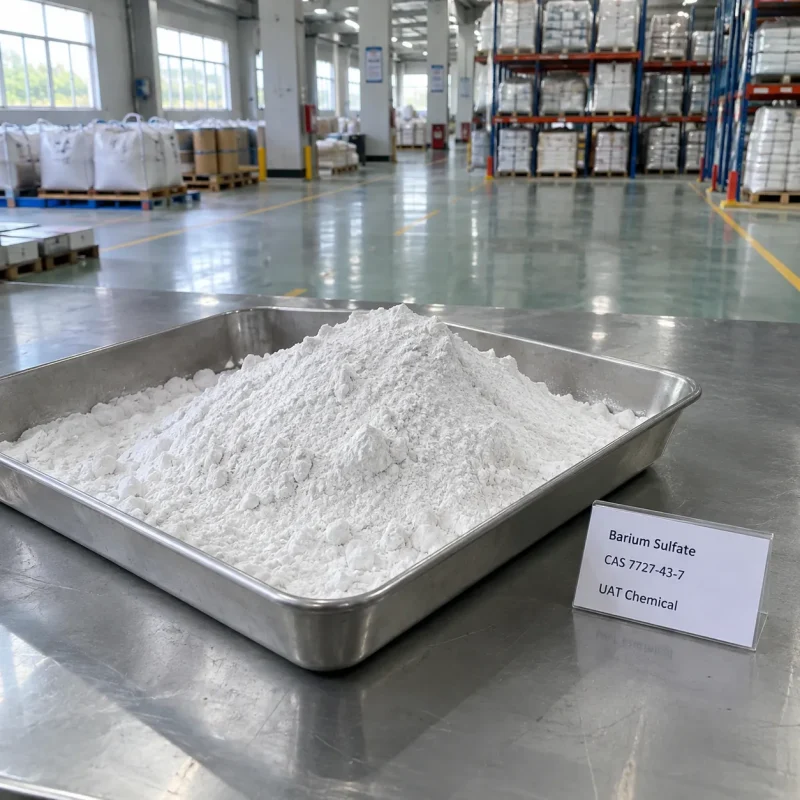 White powder of barium sulfate (CAS 7727-43-7) in a stainless steel tray beside a UAT Chemical label card in a warehouse
