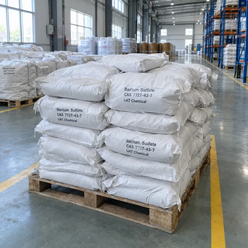 White woven polypropylene bags of barium sulfate (CAS 7727-43-7) labeled UAT Chemical stacked on a pallet in a warehouse