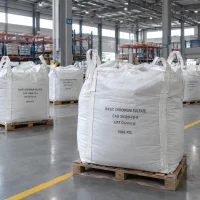White FIBC bulk bags labeled Basic Chromium Sulfate CAS 39380-78-4 with 1000 kg net weight on wooden pallets in a warehouse.
