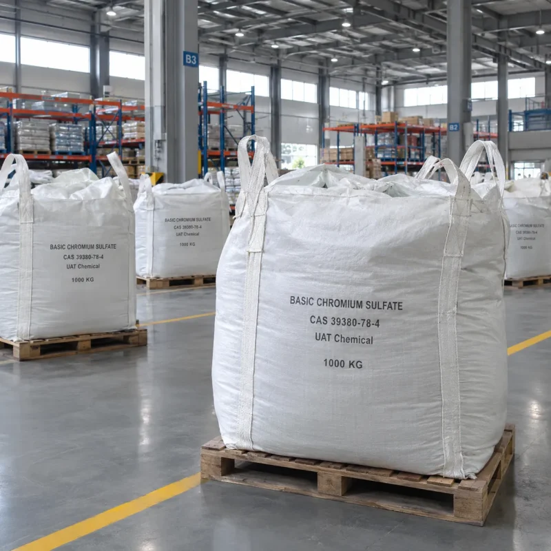 White FIBC bulk bags labeled Basic Chromium Sulfate CAS 39380-78-4 with 1000 kg net weight on wooden pallets in a warehouse.