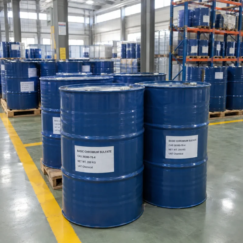 Blue steel drums of Basic Chromium Sulfate CAS 39380-78-4 with 200 kg net weight on wooden pallets in a warehouse.