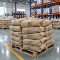 Stacked 25kg brown paper bags of Basic Chromium Sulfate CAS 39380-78-4 on a wooden pallet in a warehouse.